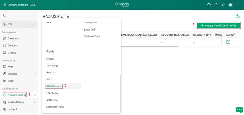 RADIUS Profile configuration page with a new profile being created.