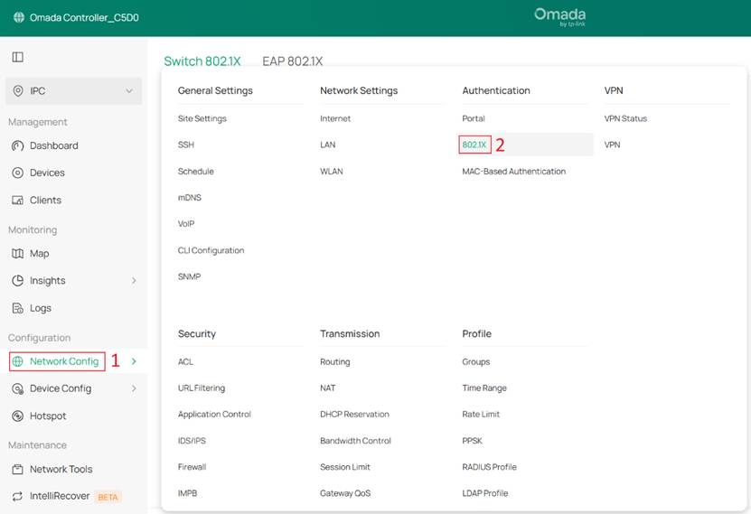 Location of the 802.1X configuration page.