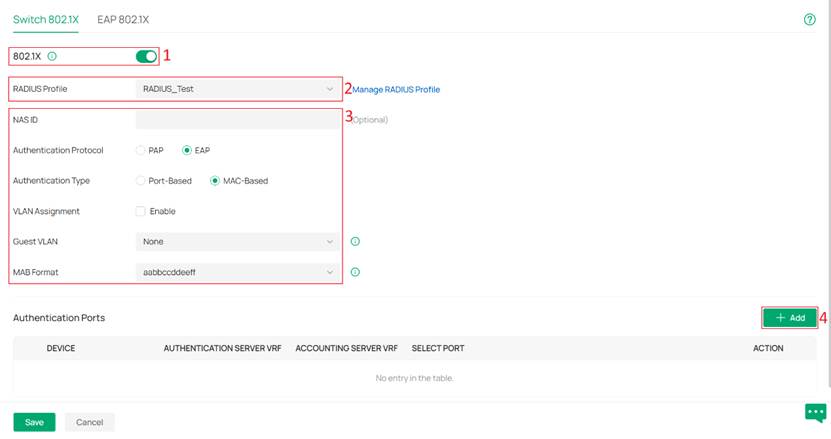 Switch 802.1X settings configured.