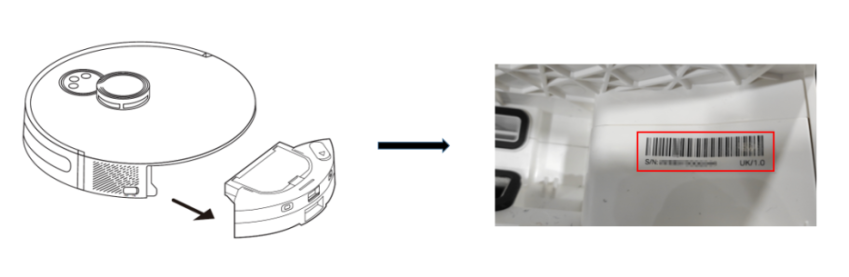The photo shows the dustbin/water tank container being removed from the Tapo Robot Vacuum and the barcode and SN label being visible.