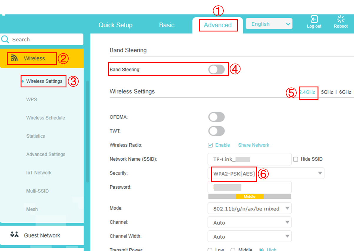 Disable the Band Steering and change the Security type to WPA2-PSK[AES] for 2.4 GHz.