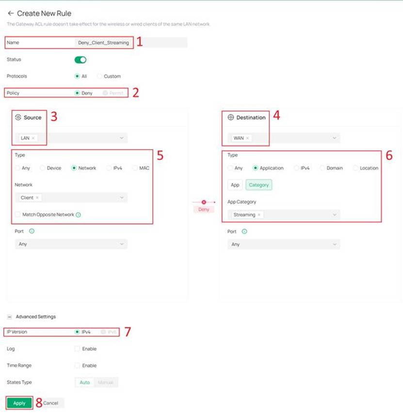 APP Based ACL configuration page showing all parameter settings.