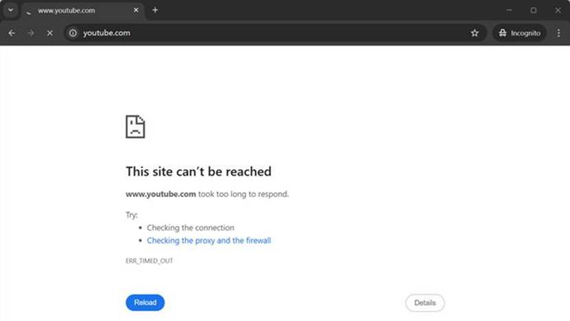 Browser error message indicating YouTube access failed (ERR_TIMED_OUT).