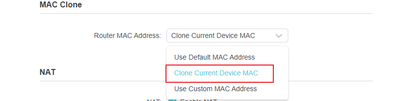 Screenshot of the MAC Clone section showing the "Use Current Device MAC Address" option.