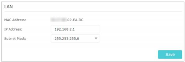 Screenshot of the LAN settings page showing the IP address field changed to 192.168.2.1.