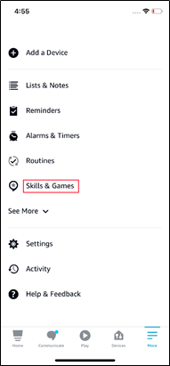 "More" page with "kills & Games" option highlighted.