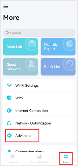 Deco app More menu with Advanced option and More tab both highlighted in red.
