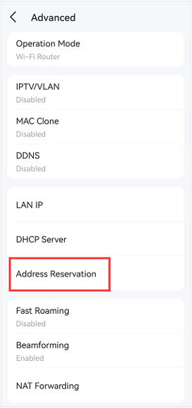Deco Advanced settings menu with Address Reservation option highlighted in red.