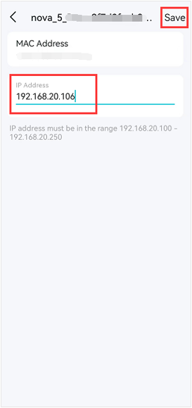 Deco device IP Address field showing 192.168.20.106 highlighted in red, with the Save button.