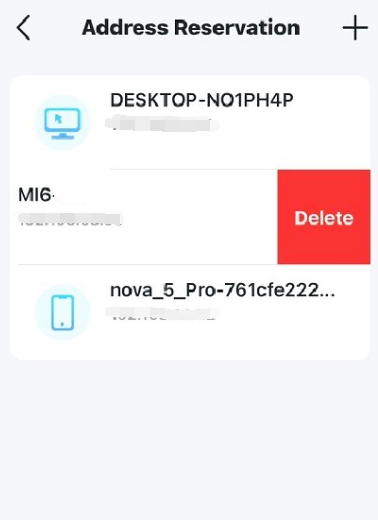 Deco Address Reservation list with a red Delete button revealed by swiping on the MI6 entry.
