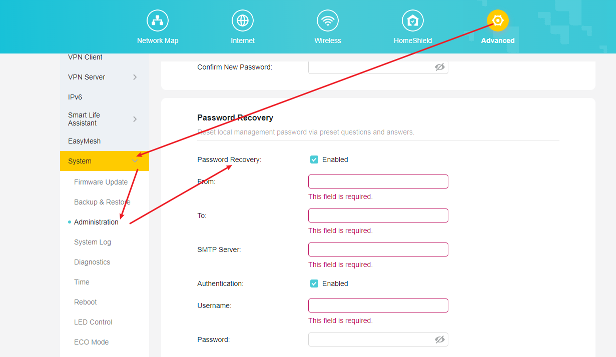 The screenshot showing the path to find the password recorvery option in the TP-Link Routers.