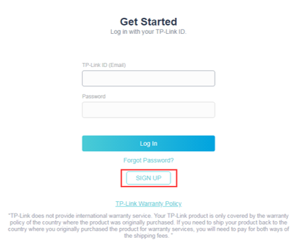 TP-Link ID login page with prompt to click 'sign up' button.