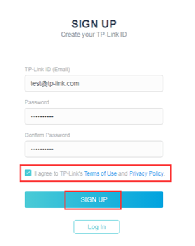 Sign up page with fields for email,password and password confirmation. Terms of use & pp slected and higlighted along with the sign up button.