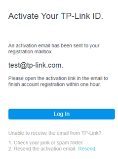 Activate your TP-Link ID Screen with insructions on how to activate via email. Contains log in button and basic troubleshooting.
