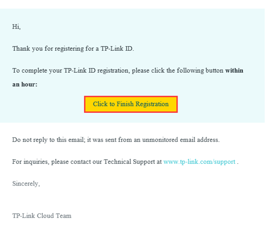 Activation email containing a click to finish registration button.