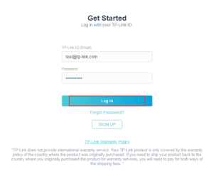 Get started page with promtps for TP-Llink ID (email) and password with the login button highlighted in a red box.