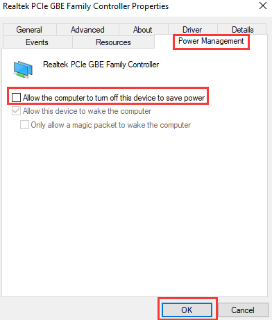 Realtek PCIe GBE Family Controller Properties showing Power Management tab with "Allow computer to turn off device to save power" unchecked.