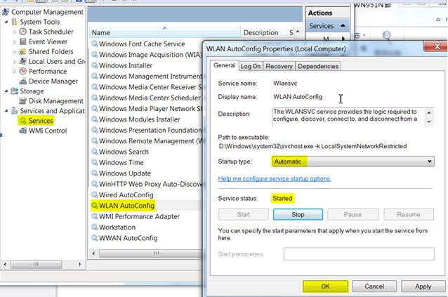 Windows Computer Management showing WLAN AutoConfig Properties with Startup type set to Automatic and status Started.