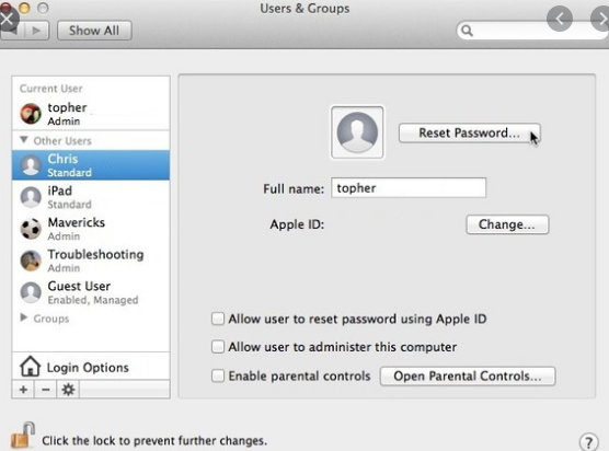 macOS Users & Groups settings showing user list with one selected and Reset Password button highlighted.
