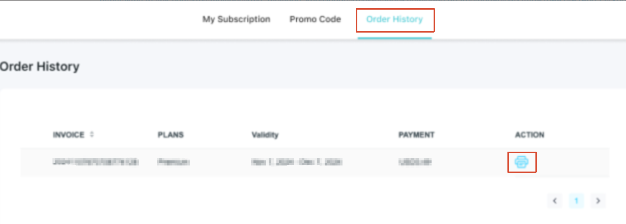 The order history page with the printer icon circled in red.