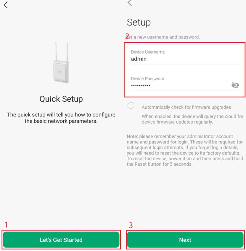 Initial setup – Enter Username and Password and select Next.
