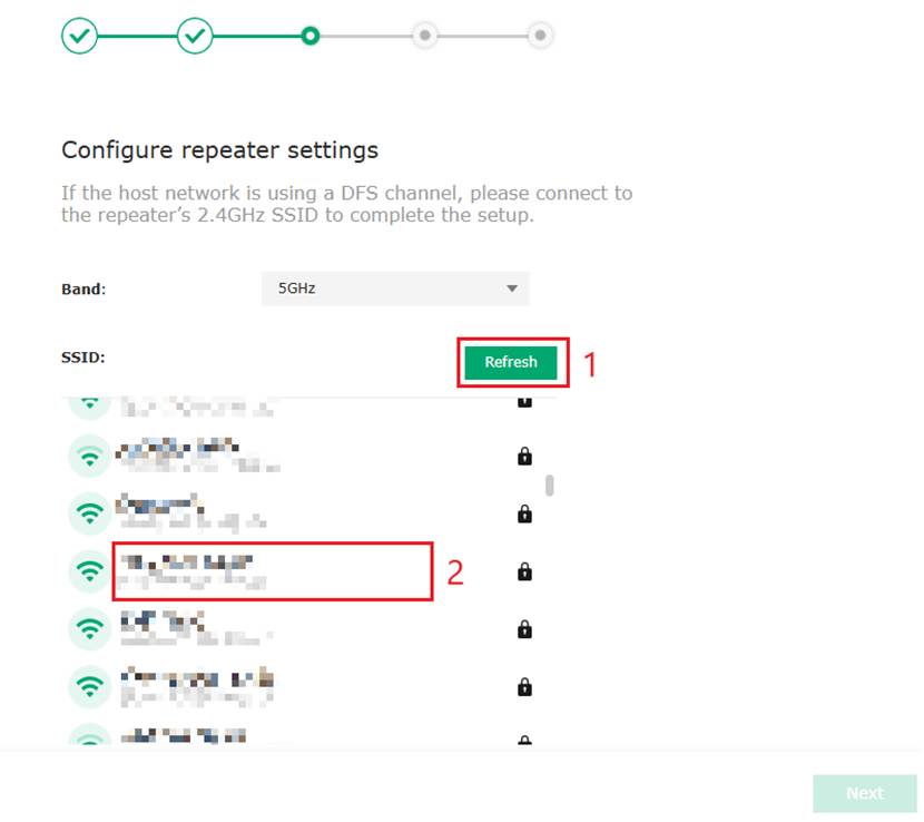 Choose the band and SSID that is to be repeated.