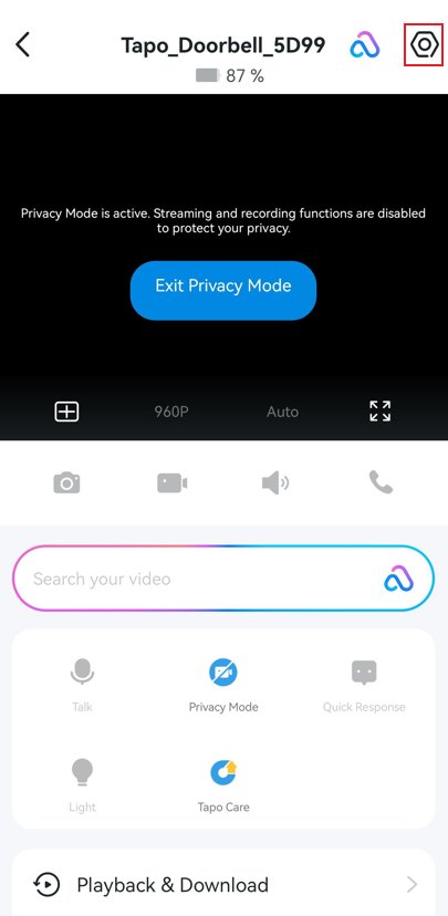 The doorbell live view page with the gear icon in the upper right highlighted.
