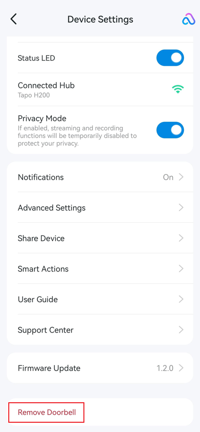 The doorbell device settings page with the Remove Doorbell option highlighted.