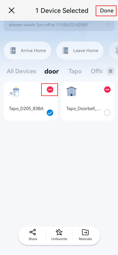 The Tapo App Home page with a minus icon highlighted on a doorbell device card.