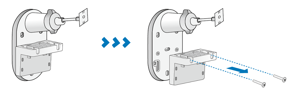 The illustration shows removing two screws to separate the camera bracket from the solar panel bracket.