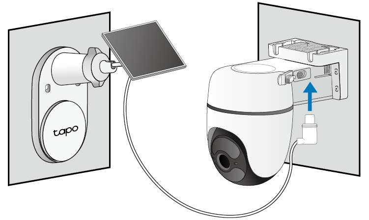 The illustration shows inserting the solar panel connector into the camera's charging port to charge the camera.