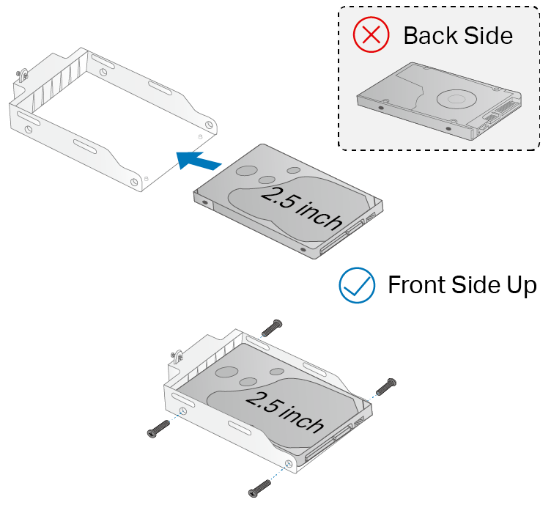An illustration shows placing the hard drive into the bracket with front side up.