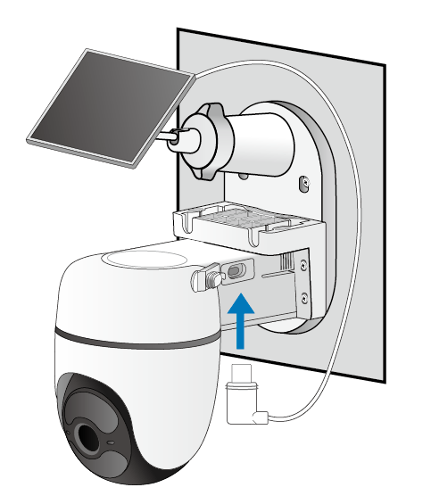 The illustration shows the solar panel connector being inserted into the camera's charging port to charge the camera.