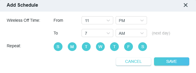 The Add Schedule page to set the effective time and days.