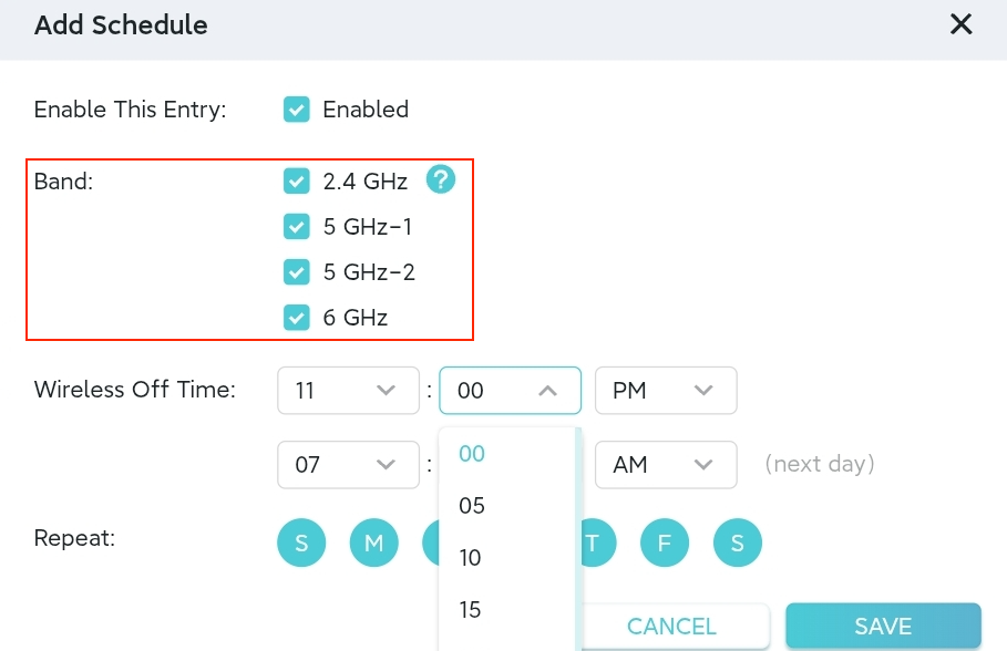 The Add Schedule page with extra options to select effective bands.