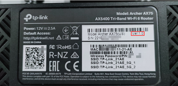 TP-Link Archer AX75 router label showing model, serial number, and hardware version Ver1.0 highlighted.