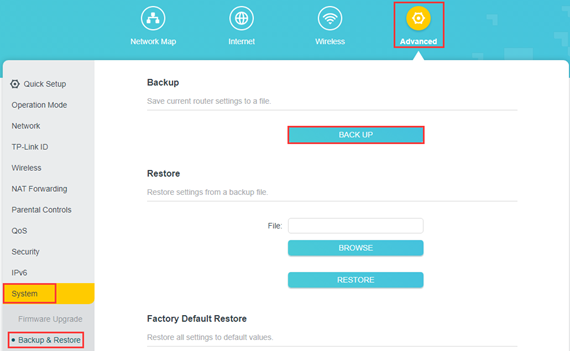 TP-Link router Advanced Backup & Restore page with BACK UP button highlighted and Advanced tab highlighted.