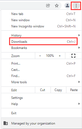 Chrome browser menu with three-dot icon highlighted and Downloads option highlighted.