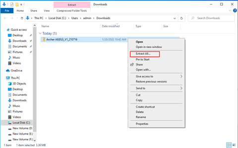Windows File Explorer showing Archer A8 firmware zip file with Extract All option highlighted in right-click menu.