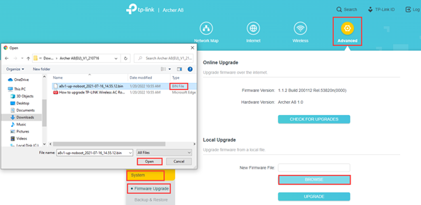 TP-Link Archer A8 Advanced Firmware Upgrade page with a .bin file selected in the Open dialog and Open button highlighted
