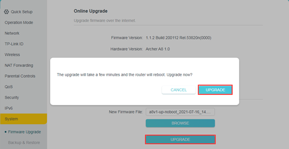 TP-Link router Firmware Upgrade page showing upgrade confirmation dialog with UPGRADE button highlighted.