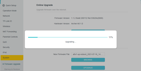 TP-Link router Firmware Upgrade page showing upgrade progress bar at 11% with "Upgrading..." message.