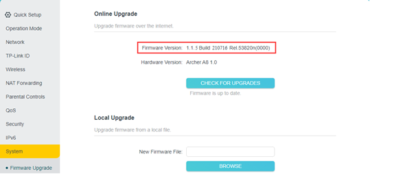 TP-Link router Firmware Upgrade page showing updated firmware version 1.1.5 Build 210716 highlighted and "Firmware is up to date.