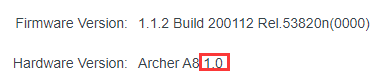 TP-Link router status bar showing Archer A8 hardware version 1.0 highlighted.