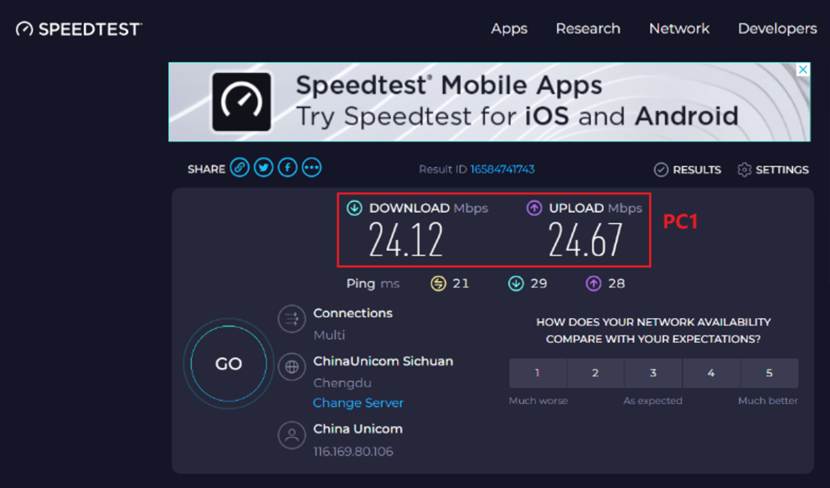 Speedtest result for PC1.