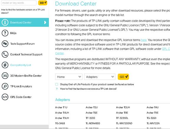 TP-Link Download Center showing Home and Adapters selected in the search dropdowns.
