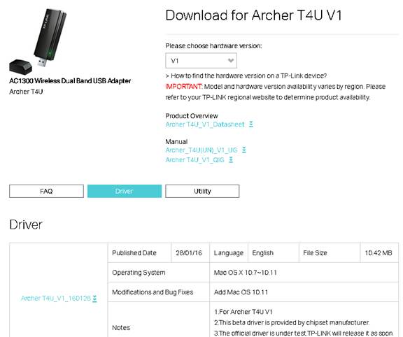 TP-Link Download Center showing Archer T4U V1 Driver tab selected with Mac OS driver details.
