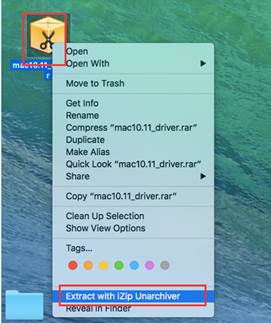 macOS right-click context menu on a RAR file with scissors icon highlighted and Extract with iZip Unarchiver option highlighted.