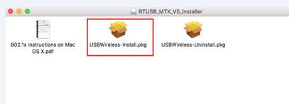 macOS Finder window showing RTUSB_MTK_V5_Installer folder with USBWireless-Install.pkg file highlighted.