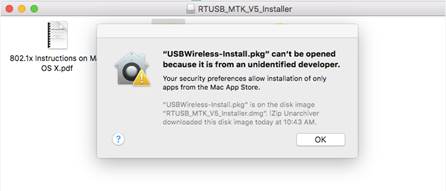 macOS security warning dialog stating USBWireless-Install.pkg can't be opened because it is from an unidentified developer.